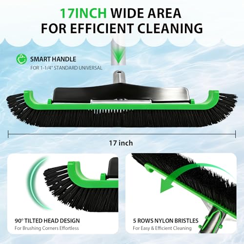 Wide Pool Brush Head, Heavy Duty Pool Scrub Brush with 12-Rows Soft Bristles, Inground/Above Ground Pool with Curved Ends, Clean Pool Wall, Floor, Step, Corner Faster, Safe for Vinyl Liner (17 INCH) - size: 17 INCH