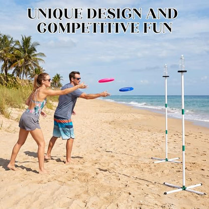 2 Set Flying Disc Game Set Portable Disc Toss Game Includes 2 Discs Targets & 2 Flying Discs & 2 Height Adjustable Poles Lawn Outdoor Games for Backyard, Park, Beach for Family & Friends