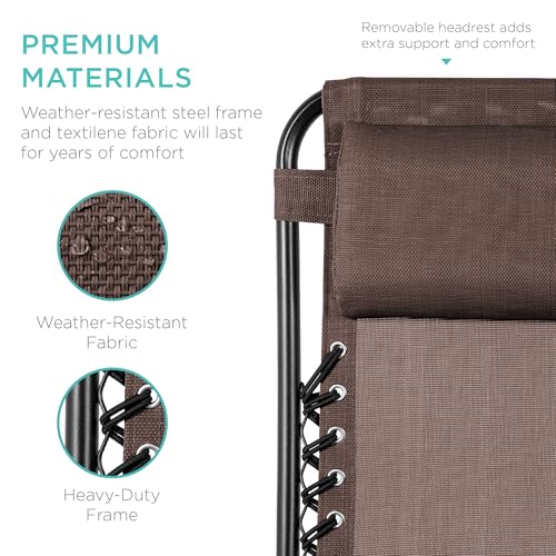 Best Choice Products Set of 2 Adjustable Steel Mesh Zero Gravity Lounge Chair Recliners w/Pillows and Cup Holder Trays - Brown - color: Brown, size: Standard