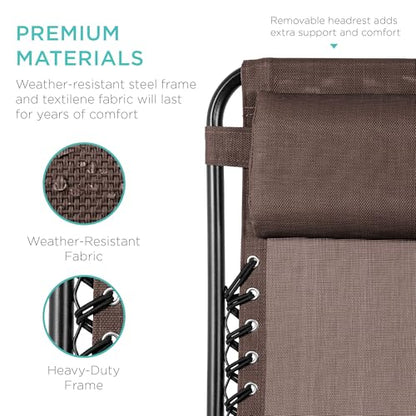 Best Choice Products Set of 2 Adjustable Steel Mesh Zero Gravity Lounge Chair Recliners w/Pillows and Cup Holder Trays - Brown - color: Brown, size: Standard