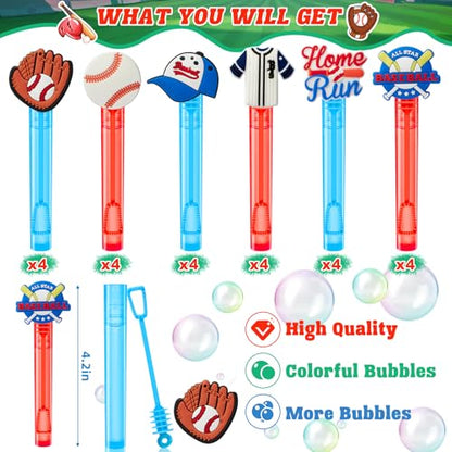 Winrayk Baseball Party Favors, 24Pcs Baseball Themed Mini Bubble Wands for Kids Bubbles Bulk with Detachable Topper (6 Styles), Birthday Gift Classroom Prizes Girl Boys Sports Goody Bag Stuffer Supply - style: Baseball