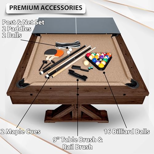 Freetime Fun 7 FT 3 in 1 Multi Game Pool Table with Dining Top Pool Table Ping Pong Table Combo, Includes Accessories and Tennis Paddles.
