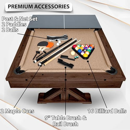 Freetime Fun 7 FT 3 in 1 Multi Game Pool Table with Dining Top Pool Table Ping Pong Table Combo, Includes Accessories and Tennis Paddles.