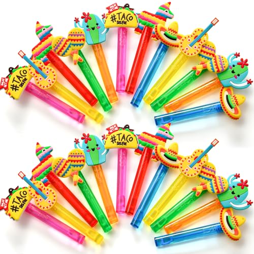Winrayk Cinco de Mayo Party Favors, 24Pcs Fiesta Mexican Mini Bubble Wands for Kids Bubbles Bulk with Detachable Topper, 6 Styles & Colors (Taco Maraca Llama Cactus Guitar Sombrero), Goody Bag Stuffer - style: Cinco de Mayo