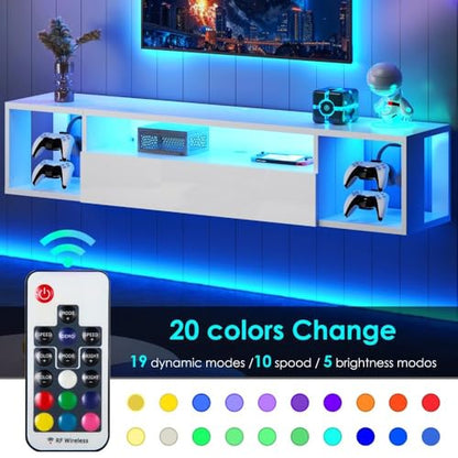 55" White TV Gaming Console with LED Lights - 4 Controller Hooks & 2 Headphone Hooks, Hidden Storage Cabinet, 30KG Top Load Capacity (White + Particle Board,Big) - size: Big