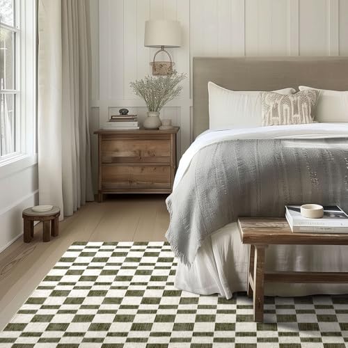 EVERGRACE Checkered Plaid Area Rug 5x7, Soft Faux Wool, Washable Christmas & Holiday Rug for Living Room, Bedroom, Hallway, Kitchen, Dining Room and Laundry, Olive Green - color: Olive Green, size: 5' x 7' (Rectangular)