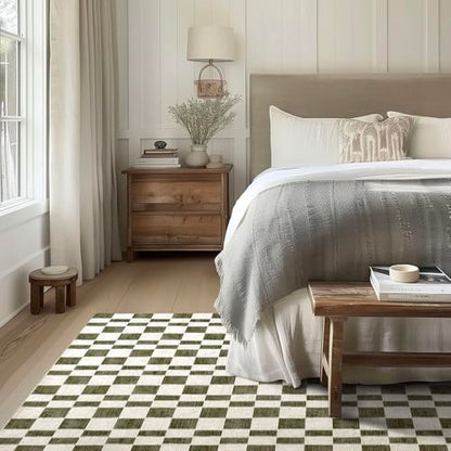 EVERGRACE Checkered Plaid Area Rug 5x7, Soft Faux Wool, Washable Christmas & Holiday Rug for Living Room, Bedroom, Hallway, Kitchen, Dining Room and Laundry, Olive Green - color: Olive Green, size: 5' x 7' (Rectangular)