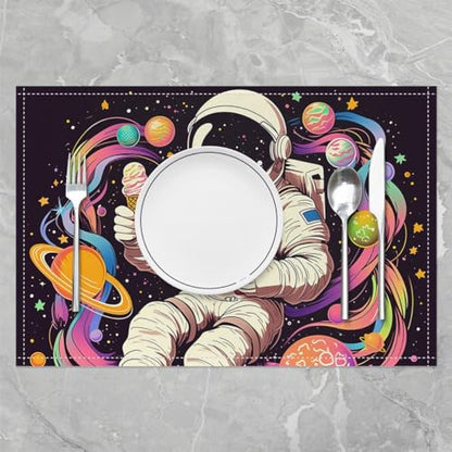 Cartoon Astronaut Graffiti Place Mats Colorful Stripes Gradient Planets Table Mats for Kids Boys Girls Teens Outerspace Theme Hippie Dreamy Kitchen Mats for Dining Table 12x18 Inch Set of 4 - color: Beige