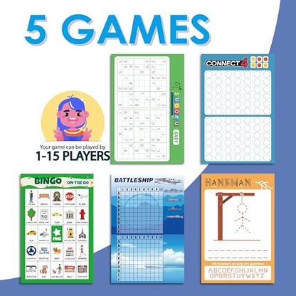 GRANDLMOON 5 Portable Travel Game Activities Pad On The Go Plane Trip Pen Pencil and Paper Game for Teens 6 x 9-inches (75 Sheets) Version 2 - size: 9X6