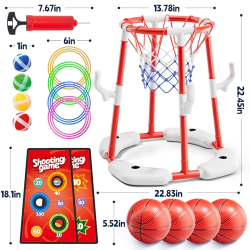 Pool Basketball Hoop for Kids Ages 4-8 & 8-12 - Floating Game Set with Water-Fillable Base, Pump, Toss Targets & Sticky Balls, Pool Games Backyard Swimming Pool Toys for Outdoor Summer Family Fun - color: Red