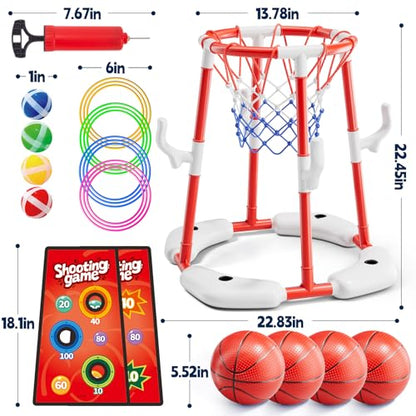 Pool Basketball Hoop for Kids Ages 4-8 & 8-12 - Floating Game Set with Water-Fillable Base, Pump, Toss Targets & Sticky Balls, Pool Games Backyard Swimming Pool Toys for Outdoor Summer Family Fun - color: Red