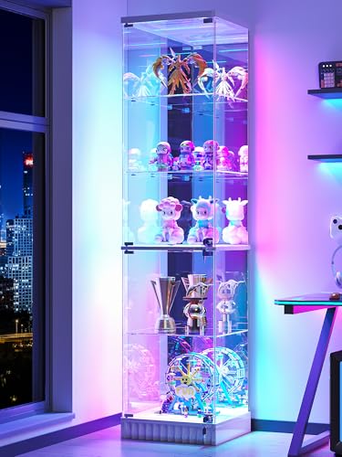 Lvifur Curio Display Cabinet - with Glass Door,5-Tier Glass Display Case with RGB Motion Sensor Light, Lockable Figure Display Case with Removable Glass Shelf for Collectibles,White - color: White-rgb Light