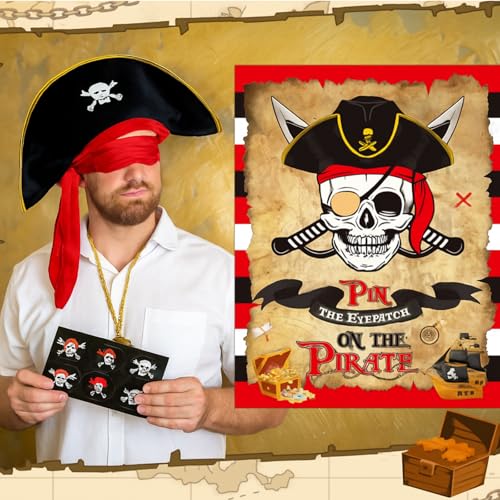Faccito Pirate Party Games Pin The Eye Patch on The Pirates Birthday Decorations Pin Games Set Include Skull Poster 24 Stickers and Blindfold for Pirates Birthday Party Decorations Activities Supplies - style: Pirate