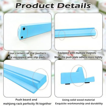 4 PCS Mahjong Racks with Pushers, Blue Wooden Mahjong Racks with Detachable Magnetic Pushers, Mahjong Tile Pushers and Racks, Includes Chips, Dice & Storage Bags, Mahjong Accessories (19.68 Inch) - color: Blue