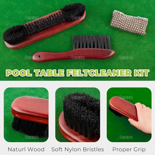 AUEAR, Set of 3 Billiards Pool Table and Rail Brush with Billiard Cue Snooker Cloth Cleaner (Brown Color)