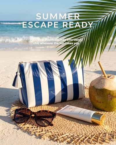 Navy Blue Striped CLear Sunscreen Makeup Bag for Beach,Large Waterproof Cosmetic Travel Pouch for Women,Preppy Aesthetic Toiletry Bag,Beach Pool Summer Essentials Bag For Women Girls(Navy Blue White) - color: Navy Blue White