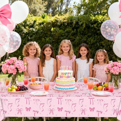 3 Pack Pink Bow Party Tablecloths – 54"x108" Disposable Waterproof Party Table Covers Girls Birthday, Baby Shower, Princess Party Decorations(Pink Bow) - color: Pink Bow Tablecovers
