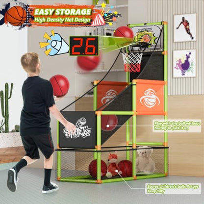 Arcade Basketball Game Set with Electronic Scoreboard&LED Light: Boy Toys Basketball Hoop Indoor Outdoor with 4 Balls & Air Pump Sports Carnival Games Christmas Birthday Gifts for Kids 3-12 Years Old - style: Green Scoring Basketball Hoop