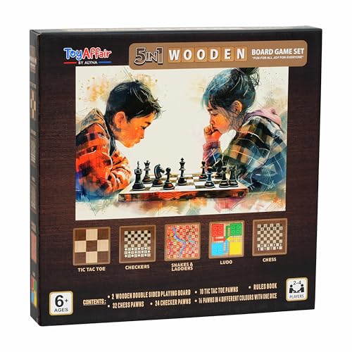 Ankit Toys & Games 5-in-1 Wooden Board Game Set Includes Ludo, Snakes & Ladders, Chess, Checkers, and Tic Tac Toe. Portable Fun for Kids, Adults and Family Game Nights | 2 Reversible Boards