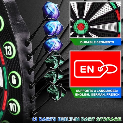WIN.MAX Electronic Dart Board Soft Tip Dartboard Set LED Displays 3 Languages with 12 Darts 100 Tips Power Adapter - color: RED/GREEN WITH LIGHTS