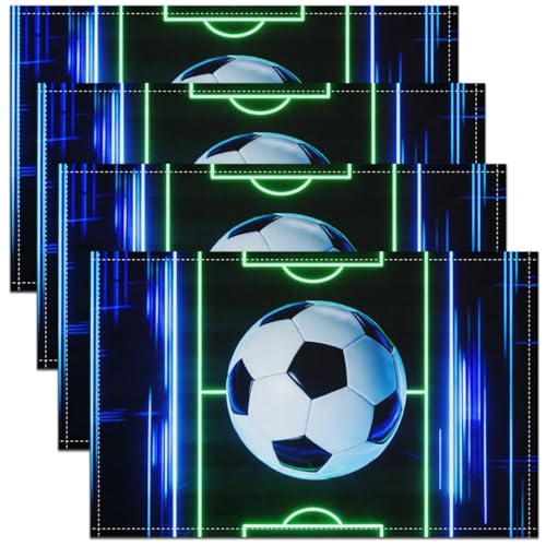 Soccer Placemats for Dining Table Set of 4, Neon Football Court Place Mats 12x18 Inch for Restaurant,Ball Sports Games Kitchen Table Mats Easy to Clean - color: Green White