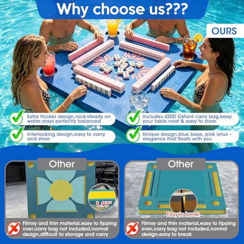 34Inch Foldable Floating Mahjong Table for Pool–Extra-Thick Float Board Water Game Tray Floater Mahjong Table Portable for Adults,Swimming Pool & Hot Tub,Poker,Card Games,Dominoes,Scrabble,Lake,Beach