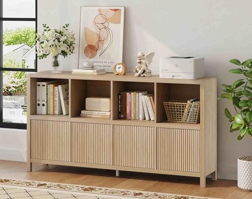 FATORRI 8 Cube Bookshelf with 4 Doors, Modern Mid Century Wood Book Shelf with Storage, Low Horizontal Cubby Bookcase for Home Office (57 Inch Light Walnut) - color: Light Walnut With 4 Doors, size: 8 cube