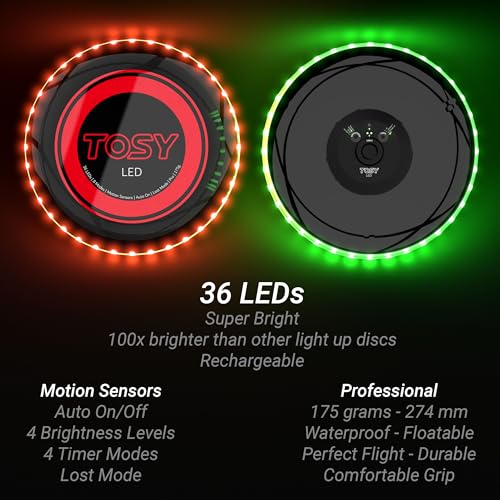 TOSY Flying Disc - 16 Million Colors RGB or 36 LEDs, Extremely Bright, Smart Modes, Camping Essentials for Teens/Kids/Adults/Men/Boys/Girls, Auto Light Up, Rechargeable, Waterproof, 175g - color: Blue 36 Leds (Black Disc)