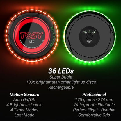 TOSY Flying Disc - 16 Million Colors RGB or 36 LEDs, Extremely Bright, Smart Modes, Camping Essentials for Teens/Kids/Adults/Men/Boys/Girls, Auto Light Up, Rechargeable, Waterproof, 175g - color: Blue 36 Leds (Black Disc)