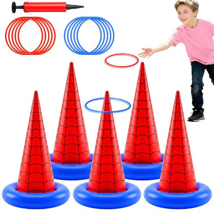 Thenshop 16 Pcs Spider Theme Inflatable Ring Toss Game Set Includes 5 Inflatable Cones 10 Plastic Rings and 1 Pump Spider Birthday Party Toss Game for Indoor Outdoor Lawn Yard Garden Party Supplies