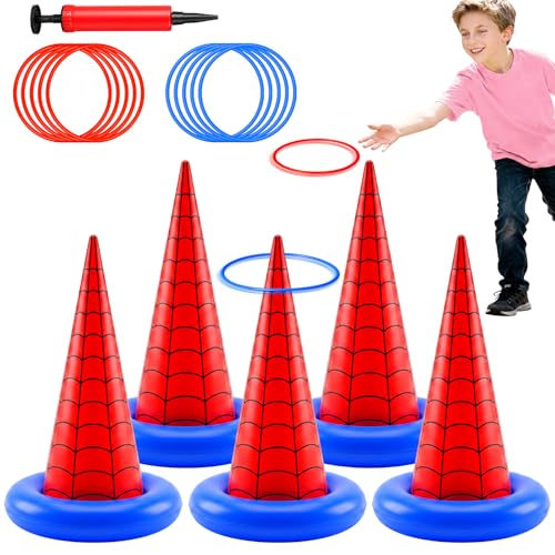 Thenshop 16 Pcs Spider Theme Inflatable Ring Toss Game Set Includes 5 Inflatable Cones 10 Plastic Rings and 1 Pump Spider Birthday Party Toss Game for Indoor Outdoor Lawn Yard Garden Party Supplies