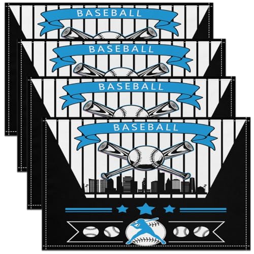 Erosebridal Baseball Placemats Table Mats,Baseball City Place Mat Seasonal Color Sport Game Oil Proof,Indoor Outdoor Decor - color: Blue Black, Miami