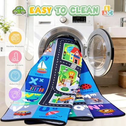 Car Rug Playmat, City Road Map Kids Rug, Educational Learning Play Mat, Soft Non-Slip Machine Washable ABC Alphabet Carpet for Bedroom Nursery Preschool Classroom - color: Racing Route, size: 5' x 7' (Rectangular)