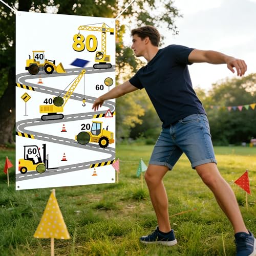 Construction Birthday Party Supplies Bean Bag Toss Game for Adults, Washable Heavy Duty Outdoor Indoor Excavator Throwing Theme Party Game Banner with 3 Bean Bags and 19.6ft String.