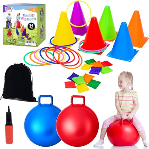 JOY SPOT! Carnival Outdoor Games Combo Set for Kids, 18 Inch Hopper Balls with Handles, Ring Toss, Bean Bags, Egg Spoon Relay Race, Fun for Backyard, Field Day, School, Birthday Parties, Family Events - style: Standard