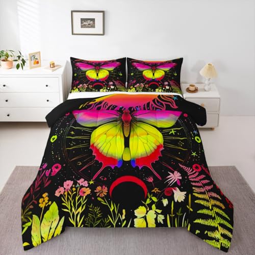 Sun and Moon Comforter Set King Rainbow Moth Bedding Sets Hippie Psychedelic Floral Botanical Comforter for Girls Teen Women,Trippy Galaxy Stars Planet Quilt Duvet Colorful 2 Pillow Cases - color: Jcxs11058, size: King