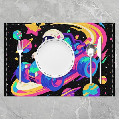 Kids Cartoon Astronaut Car Place Mats 12x18 Inch Set of 4 Colorful Stripes Outerspace Planets Graffiti Table Mats for Boys Girls Teens Cute Racing Car Hippie Kitchen Mats for Dining Table - color: Blue Pink Purple Yellow