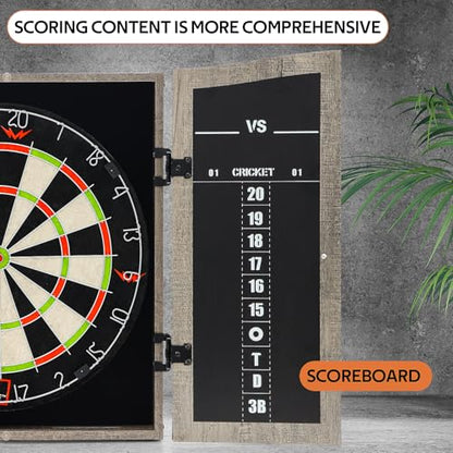 Dartboard Cabinet Set with 18" Bristle Dartboard - Self-Healing Sisal, 6 Steel Tip Darts, Scoreboard & Chalk - All-in-One Game Room Set for Home, Bar, Garage (Gray)