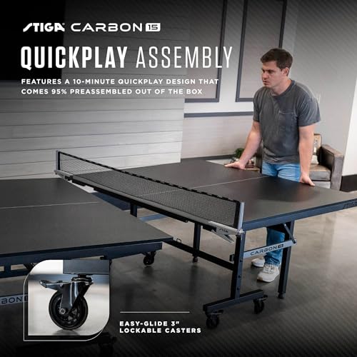 STIGA Carbon Series Indoor Table Tennis Table with 15mm - 18mm Performance Top, QuickPlay Assembly, Built-in Ball Storage, Foldable Playback Mode & Lockable Casters - style: Carbon 15