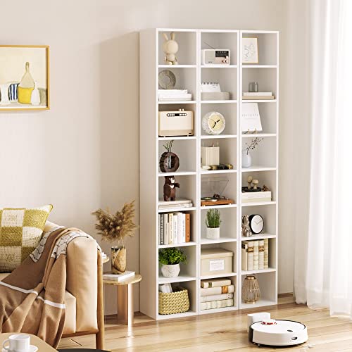 FOTOSOK White Bookshelf 8-Tier Narrow Bookshelf, 11.6 X 9.3 X 70.9 Tall CD DVD Media Tower Rack with 4 Adjustable Shelves, Tall Narrow Bookcase Slim Display Bookshelf with Cube Storage for Home Office - color: White