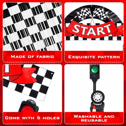 Peryiter 88 Pcs Race Car Party Decorations Set Checkered Start Backdrop Banner Black White Checker Foil Fringe Curtain Balloon Arch Kit, Racing Supplies for Birthday Car Show Kart Theme Games - style: Race Car