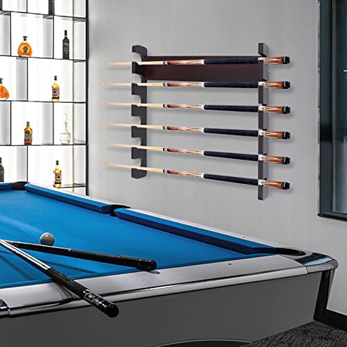 6 Hole Billiards Snooker Cue Rack, Sycamore Wood, Dark Brown, Wall Mounted, Horizontal Storage, 58 x 6 x 58cm - style: style 11