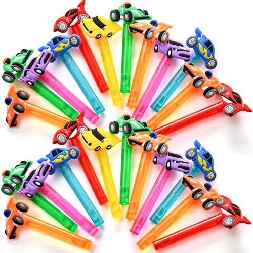 Winrayk Race Car Party Favors, 24Pcs Cars Themed Mini Bubble Wands for Kids Bubbles Bulk with Detachable Topper (6 Styles & Colors), Summer Pool Beach Birthday Supply Goody Bag Stuffer Classroom Prize - style: Race Car