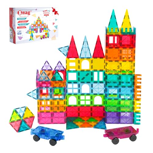 Bmag 130PCS Magnetic Tiles Building Blocks with 2 Cars | 3D Clear Magnet Blocks | STEM Preschool Toys for 3-9+ Kids | Christmas & Toddler Gift | Compatible with Major Brands - size: 130 PCS