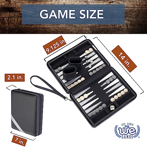 WE Games Backgammon Set, Board Games for Adults - Travel Games - Black with Gray Stripe Magnetic Leatherette Backgammon Board and Carrying Strap - Travel Backgammon Sets for Adults - color: Black With Gray Stripe