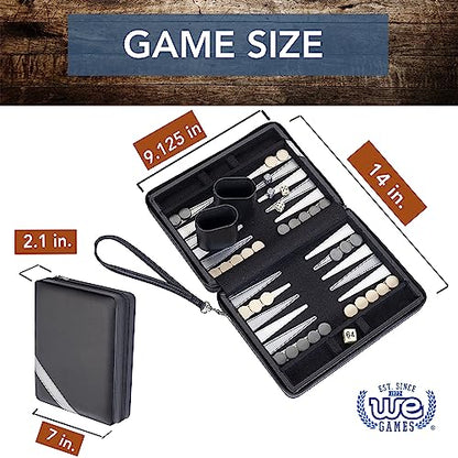 WE Games Backgammon Set, Board Games for Adults - Travel Games - Black with Gray Stripe Magnetic Leatherette Backgammon Board and Carrying Strap - Travel Backgammon Sets for Adults - color: Black With Gray Stripe
