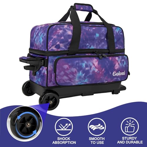 Goloni Double Roller 2 Ball Bowling Bag with Separate Shoe Compartment,2 Ball Bowling Bag with Wheels,Retractable Handle Extends to 40" - color: Purple Camouflage