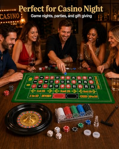 Roulette Wheel Game Set Include 47.2" x 23.6"Rubber Tabletop Layout Mat(Double Sided)，10 Inch Roulette Wheel，200 Chips Dealer Button，Win Marker，3 Dices，Chip Rake Casino Game Sets Gift Ideas