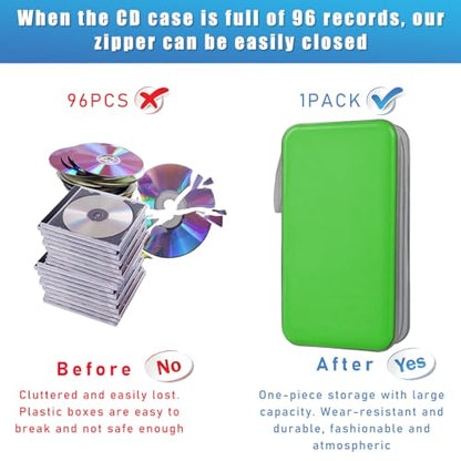 Car CD DVD Case, 96 Capacity Hard Plastic CD Holder, Portable Zipper DVD Disc Organizer Storage Wallet with Closure and Handy Strap, Car Accessories for Home Office Travel (Green)