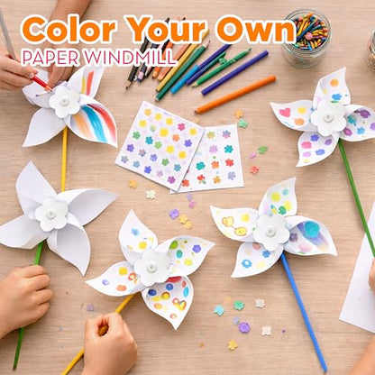4E's Novelty 24 Pack DIY Pinwheels Craft for Kids, Bulk Summer Pinwheel Craft Kit, Color Your Own Paper Windmill Patriotic Pinwheels for Kids Bulk 4th ofJuly Craft for Kids Art Games